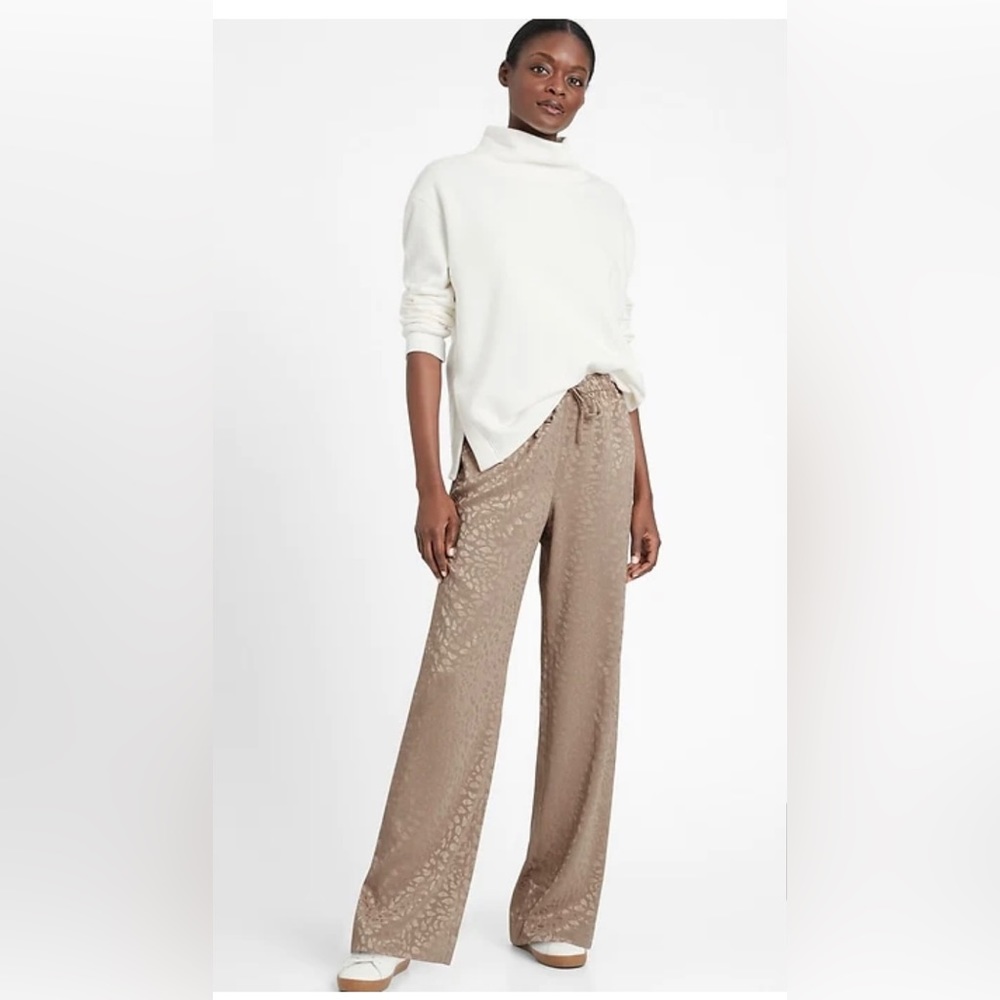 Banana Republic wide leg satin pull on pants in leopard print fresh taupe